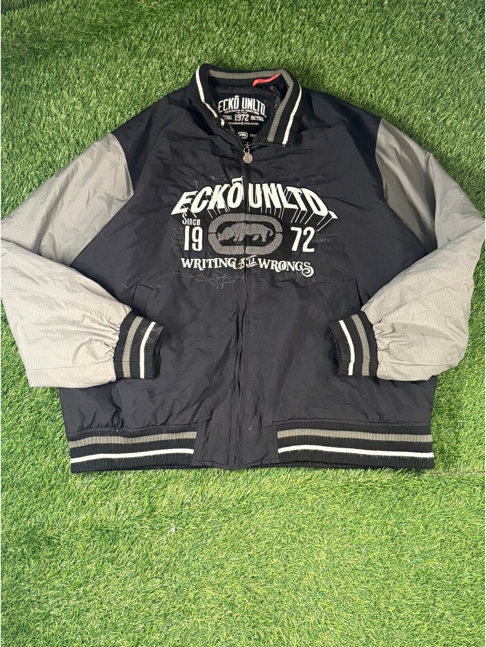 Vtg Ecko Unltd Varsity Jacket Letterman Style Black Gray Mens Size 3XL Zip Coat